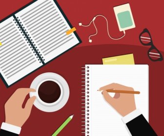 Arbeitsplatz-Hintergrund-Notebook Schreiben Hände Kaffee Brille Symbole