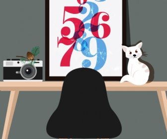 Workplace Corner Drawing Numbers Decoration Cat Camera Icons