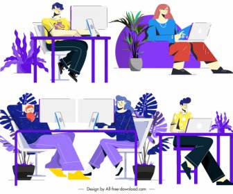 Workplace Icons Colorful Flat Cartoon Characters Sketch