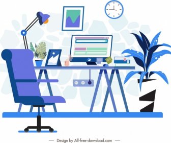 직장 회화 의자 책상 컴퓨터 아이콘 푸른 스케치