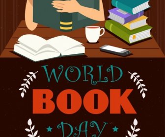 Dunia Buku Hari Banner Wanita Ikon Teks Dekorasi