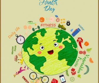 światowy Dzień Zdrowia Banner Ziemi Styl Jedzenia Ikony