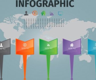 โลกแผนที่ Infographic ตัวชี้มีสีสันตกแต่ง