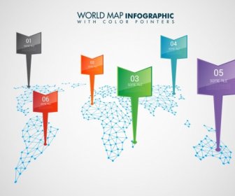 世界地図インフォ グラフィック テンプレート カラフルなポインター大陸の装飾