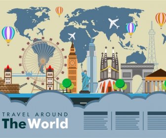 Dünya Seyahat Banner Harita Arka Plan üzerinde ünlü Yerler