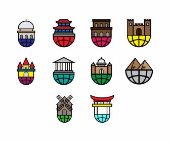 Weltreise-Ikone Setzt Flache Architektur Wahrzeichen Symbole Skizze