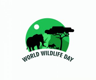 世界野生生物の日のロゴテンプレートシルエット野生シーンスケッチ