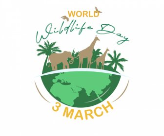 Dia Mundial Da Vida Selvagem Tipografia Banner Modelo Silhueta Plana Terra Animais Esboço
