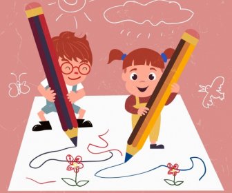 Writing Drawing Cute Kids Pencils Handdrawn Lines Sketch