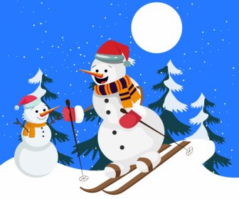 Xmas Hintergrund Cartoon Stilisierte Ski Schneemann Skizze