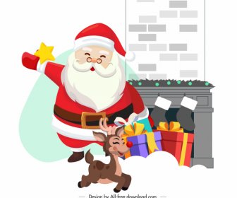 Xmas Latar Belakang Lucu Santa Claus Reindeer Sketsa