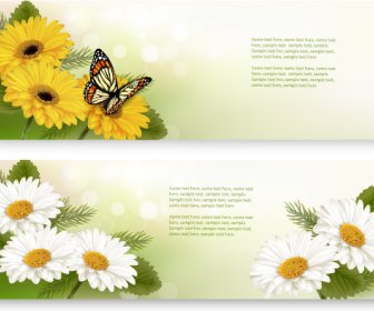 Bunga Kuning Dan Putih Banner Dengan Kupu-kupu Vektor