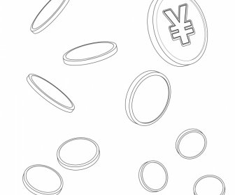 Yen Währungshintergrund Fallende Münzen Schwarz Weiß Skizze