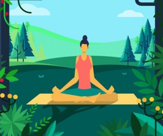 Yoga Background Relaxed Woman Nature Scene Cartoon Design