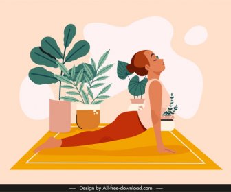 Template Latar Belakang Yoga Peregangan Wanita Sketsa Desain Kartun