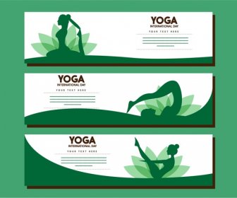 Yoga Banner Sets Female Gestures In Green Design