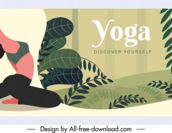 Yoga Spanduk Peregangan Wanita Sketsa Dekorasi Alam Adegan