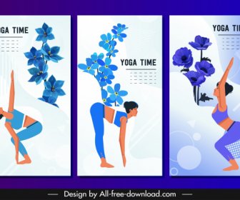 Yoga Bannière Modèles Femme Exercice Gestes Cartoon Personnages