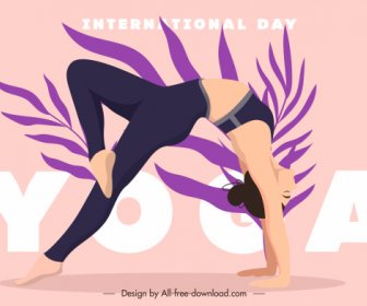 Banner Del Día De Yoga Que Estira El Boceto De La Hoja De La Mujer