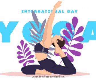 Yoga Day Poster Exercising Lady Sketch Leaves Decor