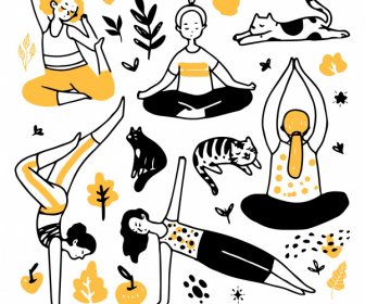 Desenho De Yoga Exercitando Gestos Gato Elementos Da Natureza Esboçar