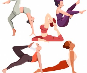 Yoga Gestures Icons Cartoon Characters Sketch