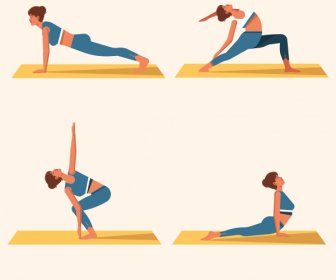 Yoga Gestes Icônes Exercice Femme Croquis Dessin Animé Caractères