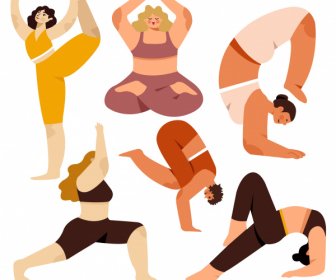 ícones De Gestos De Yoga Esticando Personagens De Desenho Animado De Esboço De Equilíbrio