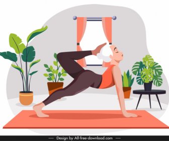 Yoga Praktek Lukisan Peregangan Wanita Kartun Sketsa