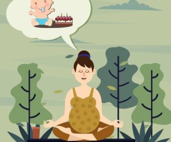 Mujer Embarazada Yoga Dibujo Niño Discurso Chuchería Iconos