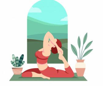 Yoga Sport Icon Peregangan Wanita Sketsa Desain Kartun