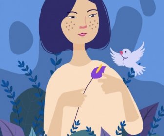 若い女の子ブルー絵画デザイン花鳥のインテリア