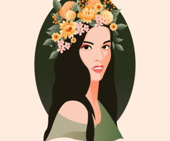 Lukisan Wanita Muda Bunga Warna-warni Sketsa Gaya Rambut