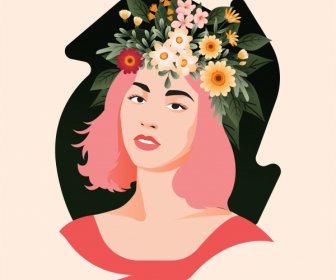 Young Lady Portrait Painting Colorful Floral Hairstyle