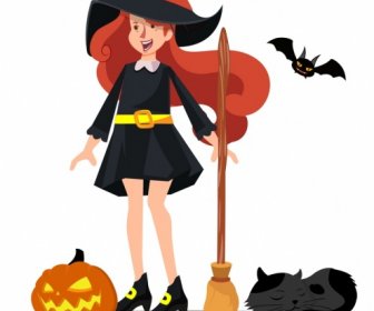 Jovem Bruxa ícone Bonito Menina Esboço Personagem Dos Desenhos Animados