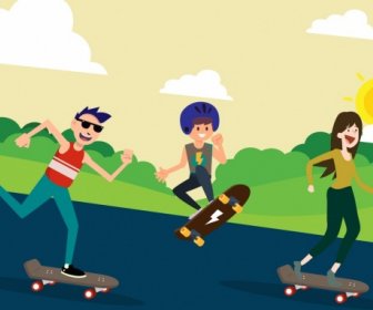 Youth Life Drawing Skateboard Human Icons Colored Cartoon