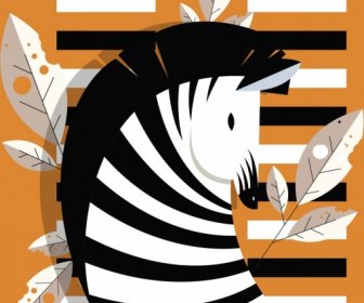 Zebra Head Icon Black White Stripes Leaves Decor