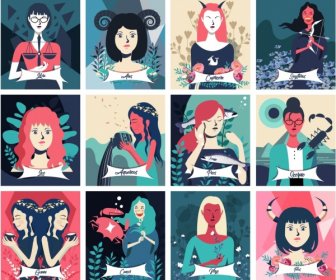 Icone Zodiache Collezione Personaggi Femminili Disegno Dei Cartoni Animati