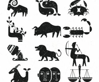 Zodiac Tanda Koleksi Desain Retro Datar Hitam
