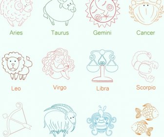 Tanda-tanda Zodiak Set Sketsa Digambar Tangan Berwarna
