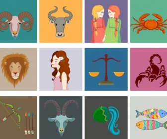 zodiac symbols collection multicolored squares isolation