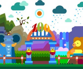 Zoo Painting Illustration With Animals And Colorful Style