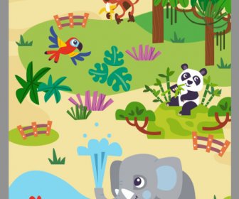 Hayvanat Bahçesi Poster şablonu Sevimli Renkli Karikatür Kroki