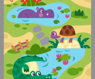 동물원 포스터 템플릿 귀여운 하마 거북이 악어 스케치