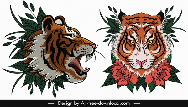 template wajah harimau sketsa kekerasan flora dekorasi daun