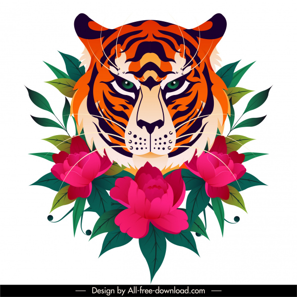 Flora Harimau mewarnai sketsa klasik warna-warni