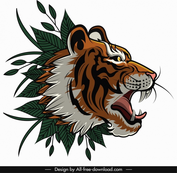 Tête de tigre icône design classique feuilles décor