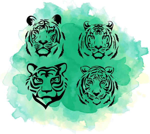 cabeça de tigre design de handdrawn ícones coleção aquarela grunge