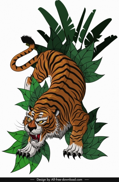 Tiger Ikone Jagd Geste Skizze farbiges Cartoon-Design