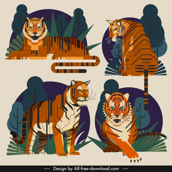 icônes de tigre design coloré classique